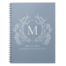 Classic Dusty Blue Floral Wappen Monogram Notebook