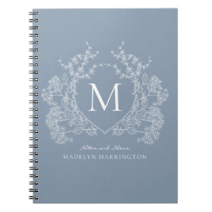 Classic Dusty Blue Floral Wappen Monogram Notebook Notizblock