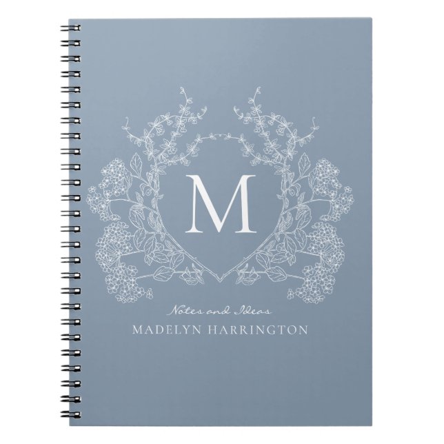 Classic Dusty Blue Floral Wappen Monogram Notebook Notizblock (Vorderseite)