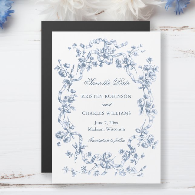 Classic Dusty Blue Flowers & Ribbons Save the Date Magneteinladung (Von Creator hochgeladen)