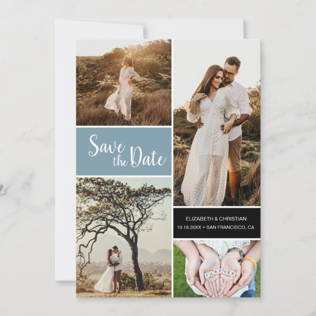 Classic Dusty Blue Foto Collage Wedding Save The Date (Vorderseite)