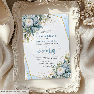 Classic Dusty Blue Gold Peonies Einladung Hochzeit