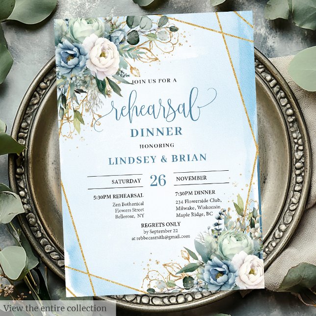 Classic Dusty Blue Greenery Gold Frame Probe Einladung (Classic Dusty Blue Greenery Gold Frame Rehearsal Invite)