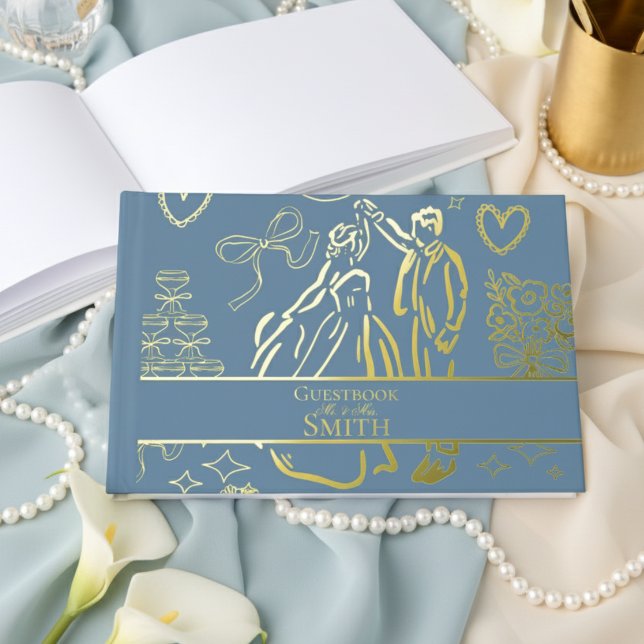 Classic Dusty Blue Hand Drawn Wedding Sketch Art Gästebuch (Remember your special day with this keepsake Gold Foil Guest Book!)