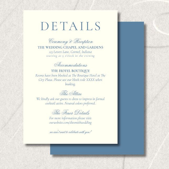Classic Dusty Blue Minimalist Wedding Details Begleitkarte (Classic Dusty Blue Minimalist Wedding Details Enclosure Card)