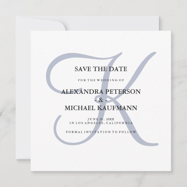 Classic Dusty Blue Monogram Save The Date (Vorderseite)