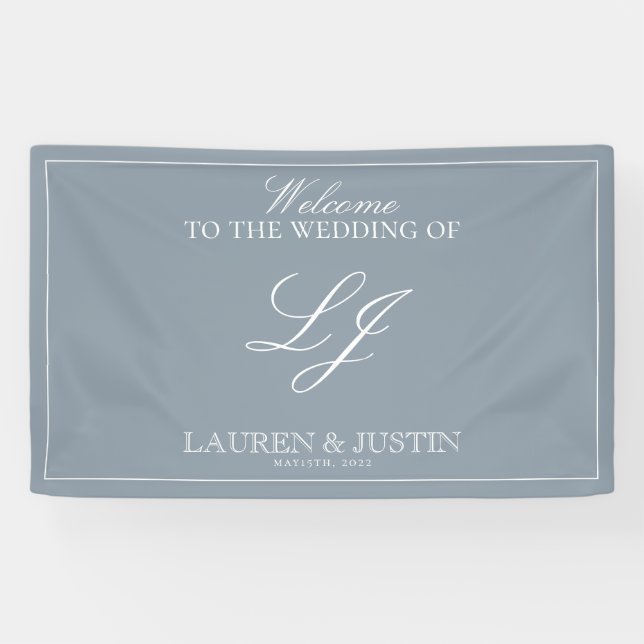 Classic Dusty Blue Script Moderne Monogram Willkom Banner (Horizontal)
