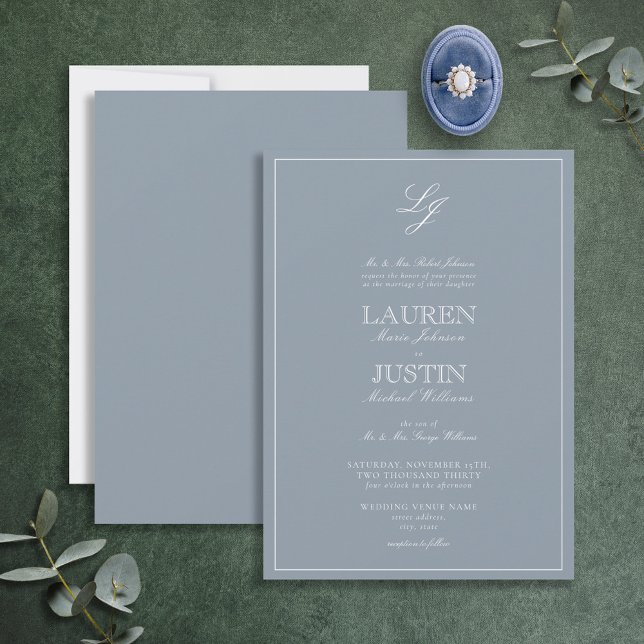 Classic Dusty Blue Script Monogram Wedding Einladung (Von Creator hochgeladen)