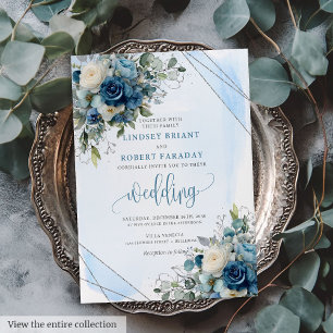 Classic Dusty Blue Silver White Floral Wedding Einladung