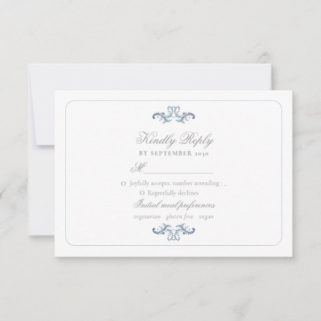 Classic Dusty Blue Wedding RSVP Karte (Vorderseite)