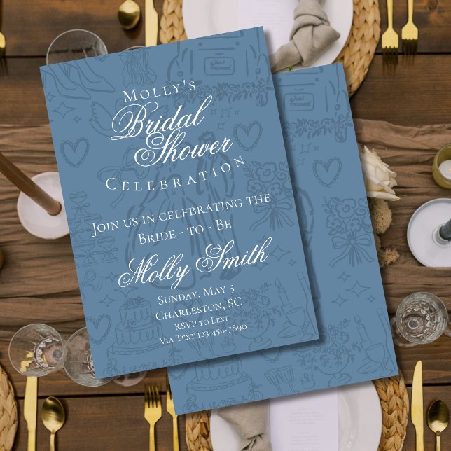 Classic Dusty Blue Wedding Sketch Brautparty Einladung (Classic Wedding Sketch Art invite with modern font – perfect for engagement or bridal celebrations!)