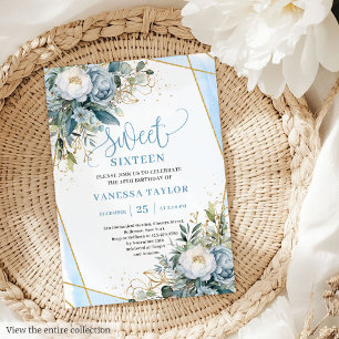 Classic dusty blue white floral sweet 16 lädt ein einladung