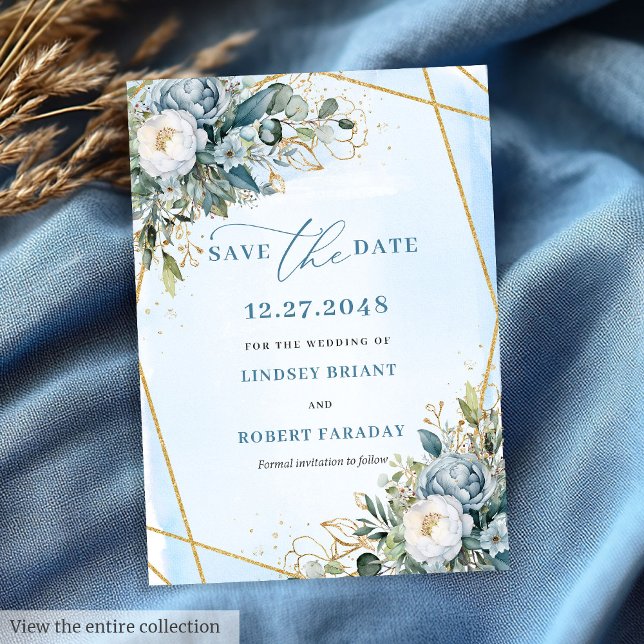 Classic Dusty Blue White Gold Floral Save the Date Einladung (Classic Dusty Blue White Gold Flowers Save The Date)