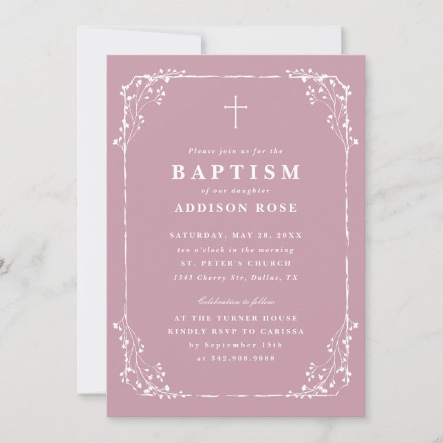 Classic Dusty Pink Dainty Floral Frame Baptism Einladung (Vorderseite)