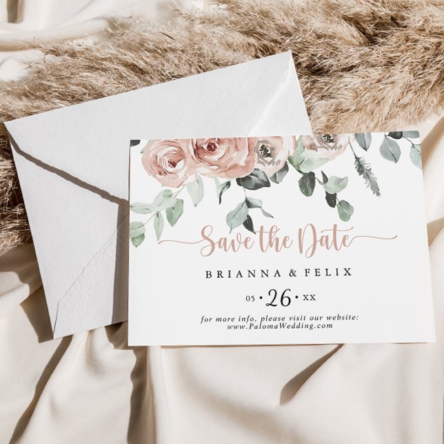 Classic Dusty Pink Floral Horizontal Wedding Save The Date (Von Creator hochgeladen)