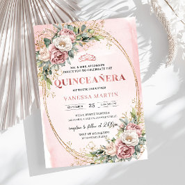 Classic Dusty Pink Flowers Greenery Quinceanera Einladung