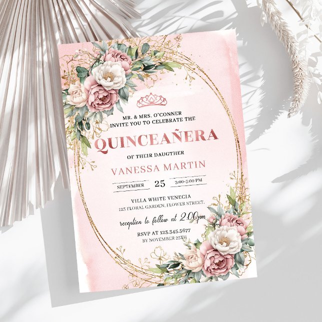 Classic Dusty Pink Flowers Greenery Quinceanera Einladung (Classic Dusty Pink Flowers Greenery Quinceañera)