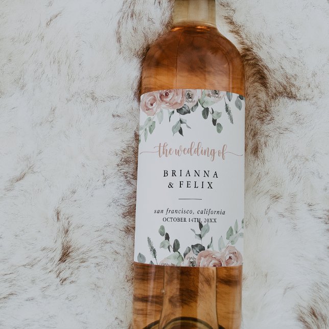 Classic Dusty Pink Rose Floral Wedding Wine Labels Weinetikett (Von Creator hochgeladen)