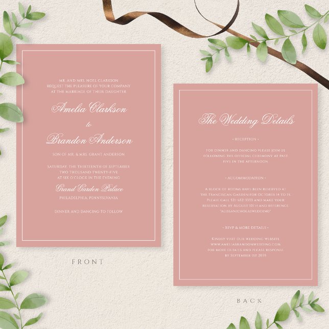 Classic Dusty Rose Border Script Wedding Details & Einladung (Von Creator hochgeladen)