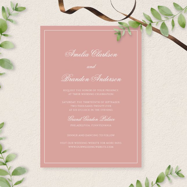 Classic Dusty Rose & White Border Script Wedding Einladung (Von Creator hochgeladen)