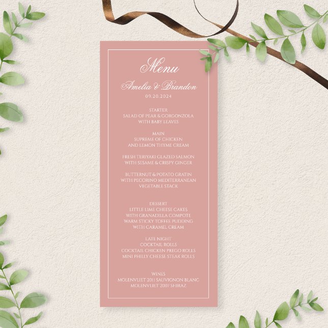 Classic Dusty Rose & White Border Script Wedding Menükarte (Von Creator hochgeladen)