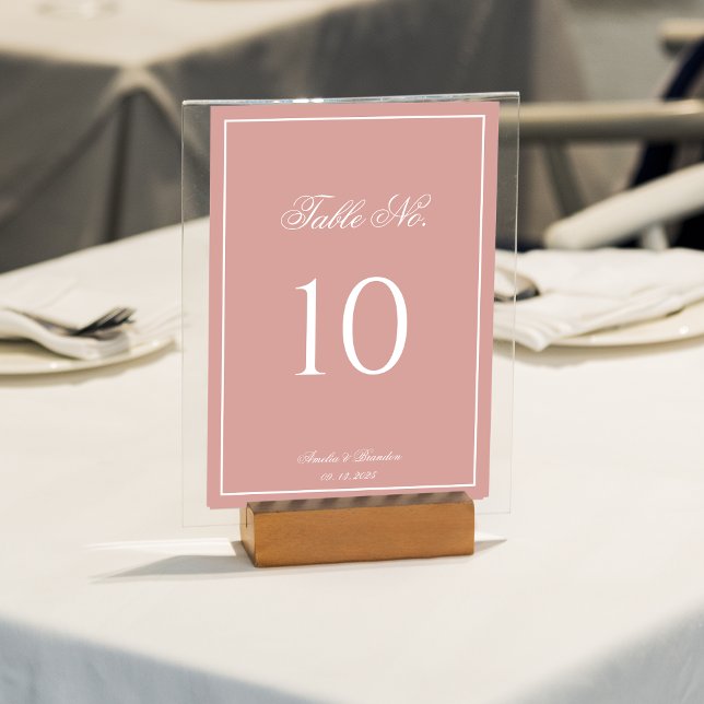 Classic Dusty Rose & White Border Script Wedding Tischnummer (Von Creator hochgeladen)