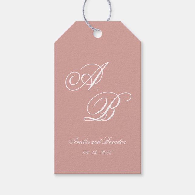 Classic Dusty Rose & White Monogram Script Wedding Geschenkanhänger (Vorderseite)
