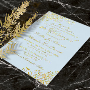 Classic Elegance Gold & Powder Blaue Hochzeit Folieneinladung