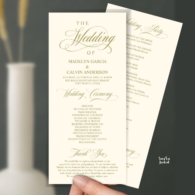 Classic Elegance Gold Script, Hochzeitsfeier Programm (Classic Elegance, Wedding Ceremony Program, Ceremony and Thank you in Classy Yellow Gold)