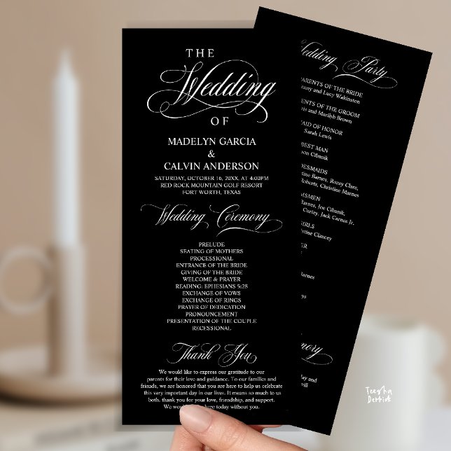 Classic Elegance Gold Script, Hochzeitsfeier Programm (Classic Elegance, Wedding Ceremony Program, Ceremony and Thank you in Classy Black and White)