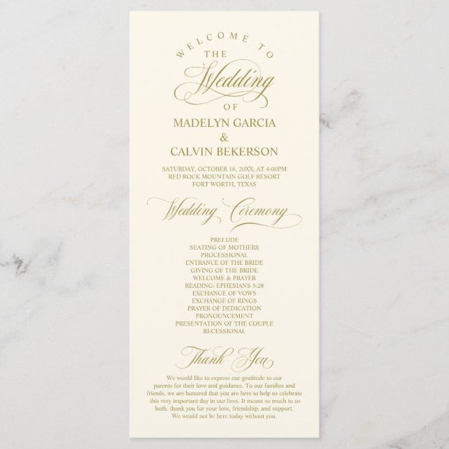 Classic Elegance Gold Script, Hochzeitsfeier Programm (Vorderseite)