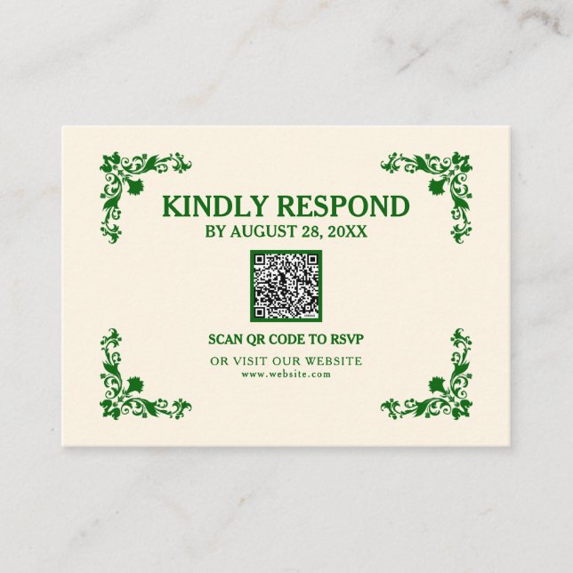 Classic Elegance Ivory & Emerald Islamic QR RSVP Begleitkarte (Vorderseite)