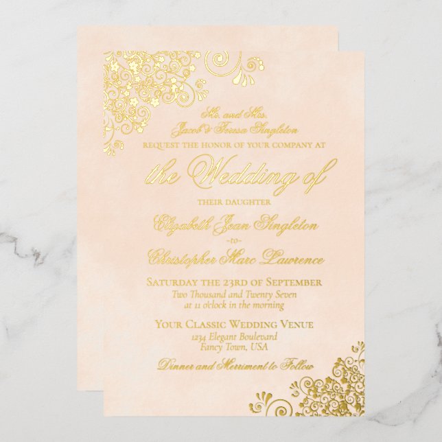Classic Elegance Marbled Peach Formal Wedding Gold Folieneinladung (Vorderseite/Rückseite)