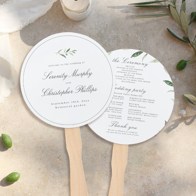 Classic Elegance Script Greenerity Wedding Program Fächer (Classic Elegance Script Greenery Wedding Program Hand Fan)