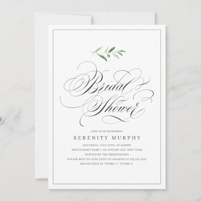 Classic Elegance Script Greenery Brautparty Einladung (Vorderseite)