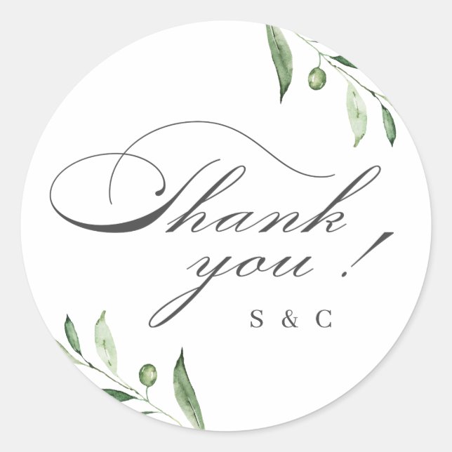 Classic Elegance Script Greenery Vielen Dank Runder Aufkleber (Vorderseite)