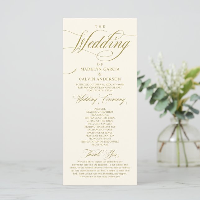 Classic Elegance Vintag Gold, Hochzeitsfeier Programm (Stehend Vorderseite)