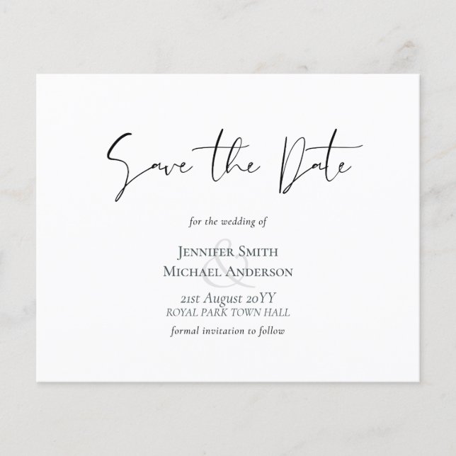 Classic Elegance White Script Save the Date Budget (Vorderseite)