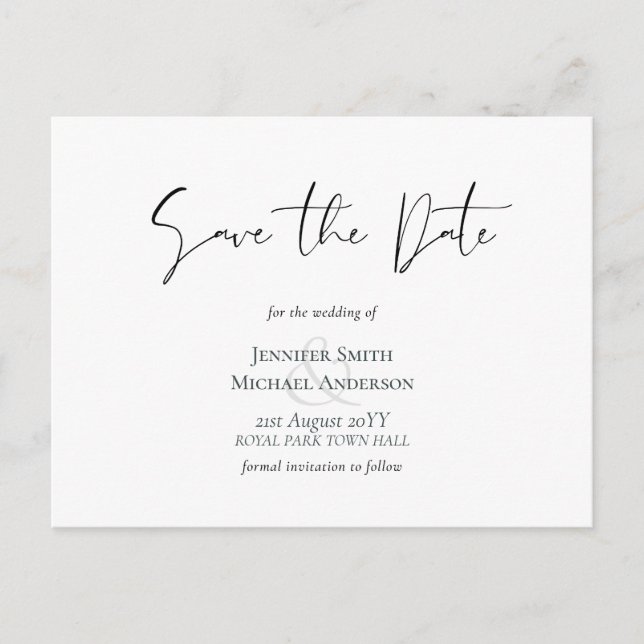 Classic Elegance White Script Save the Date Budget Postkarte (Vorderseite)