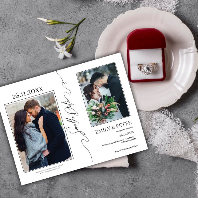 Classic Elegant 3 Foto Wedding Save the Date Ankündigungspostkarte (Classic Elegant 3 Photo Wedding Save the Date Announcement Postcard)