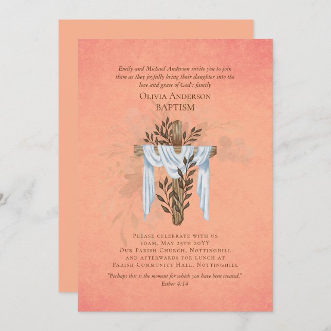 Classic Elegant BAPTISM Invite Coral (Vorne/Hinten)