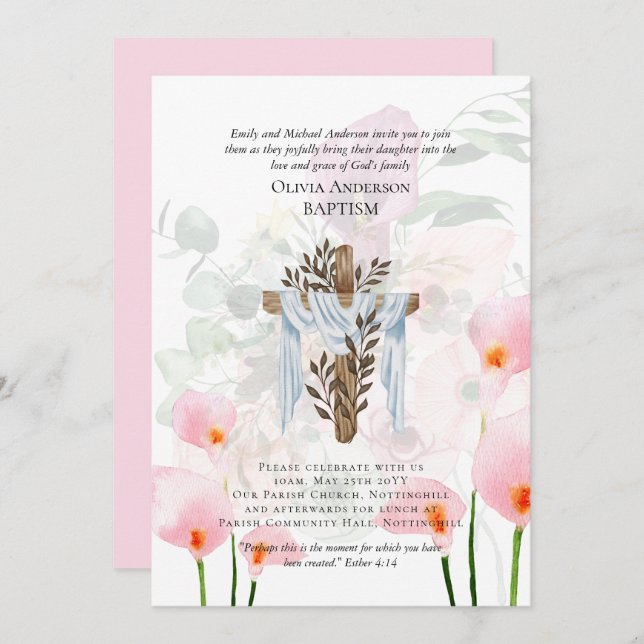 Classic Elegant BAPTISM Invite Pink Calla Lilys (Vorne/Hinten)