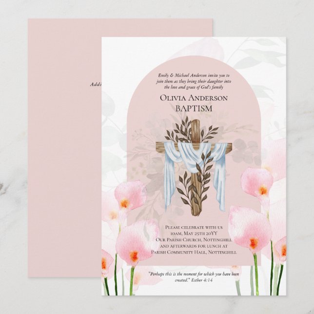 Classic Elegant BAPTISM Invite Pink Calla Lilys (Vorne/Hinten)