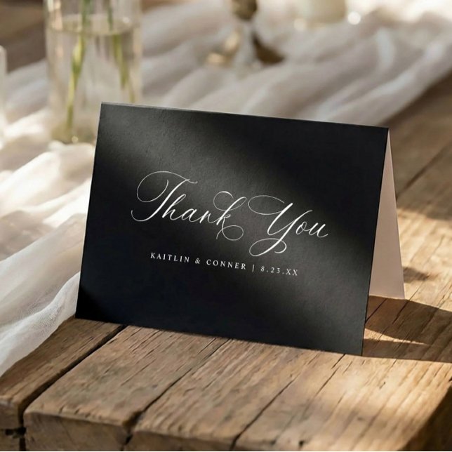 Classic Elegant Black and White Wedding Dankeskarte (Black wedding thank you cards with white text and elegant calligraphy script)