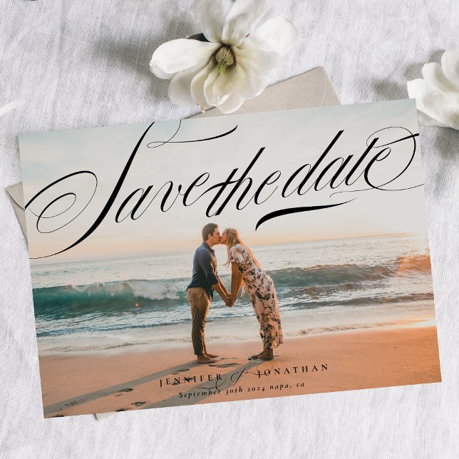 Classic Elegant Black Calligraphy QR Code Foto Save The Date (Von Creator hochgeladen)