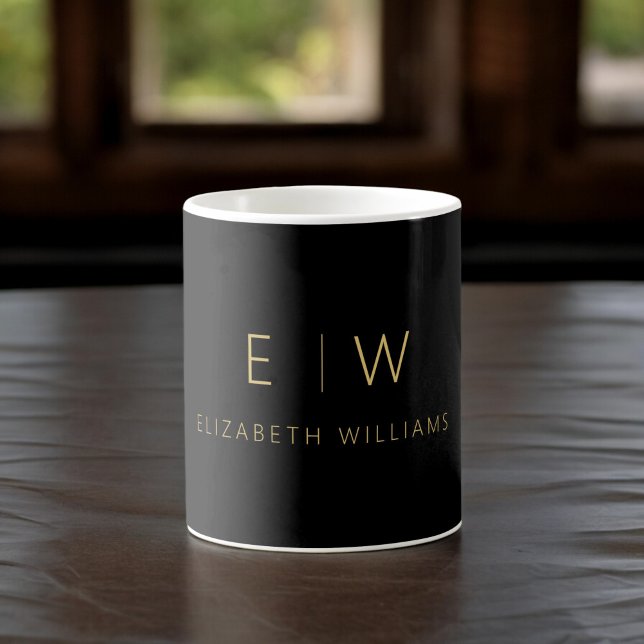 Classic Elegant Black Gold Minimalistisch Monogram Kaffeetasse (Von Creator hochgeladen)