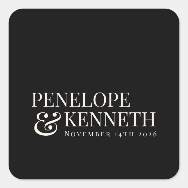 Classic Elegant Black Ivory Custom Wedding Names Quadratischer Aufkleber (Vorderseite)