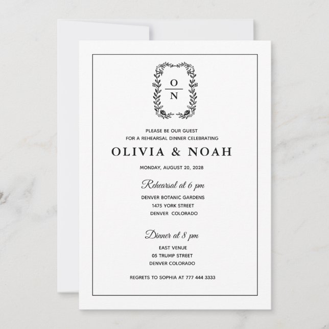 CLASSIC ELEGANT BLACK &WHITE REHARSAL DINNER EINLADUNG (Vorderseite)