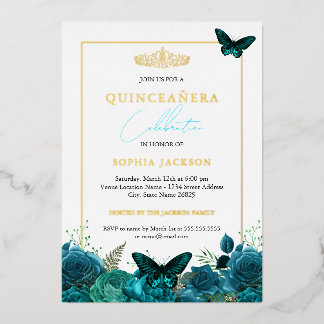 Classic Elegant Blue Butterfly Foto Quinceanera Folieneinladung