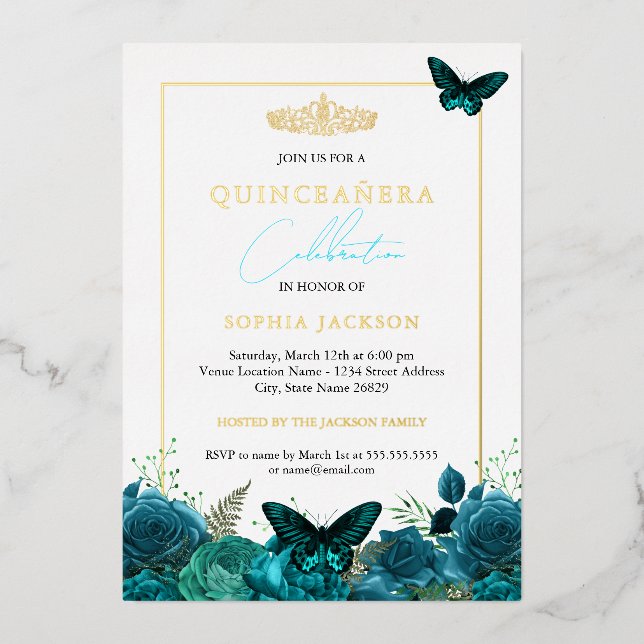 Classic Elegant Blue Butterfly Foto Quinceanera Folieneinladung (Vorderseite)